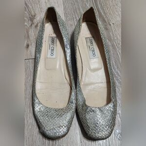 Jimmy Choo Lame Finlay Silver Champagne Glitter Mesh Ballet Flats Sz 39.5
